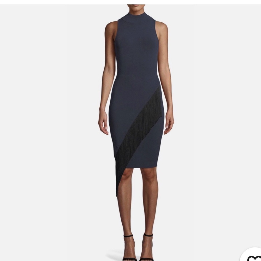 Milly Navy High-Neck Fringe Midi Dress